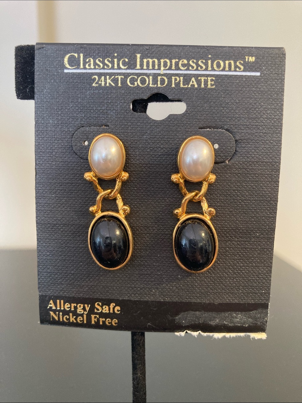 Impressions Gold-Tone Pearl Top with Black Oval Drop Earrings
